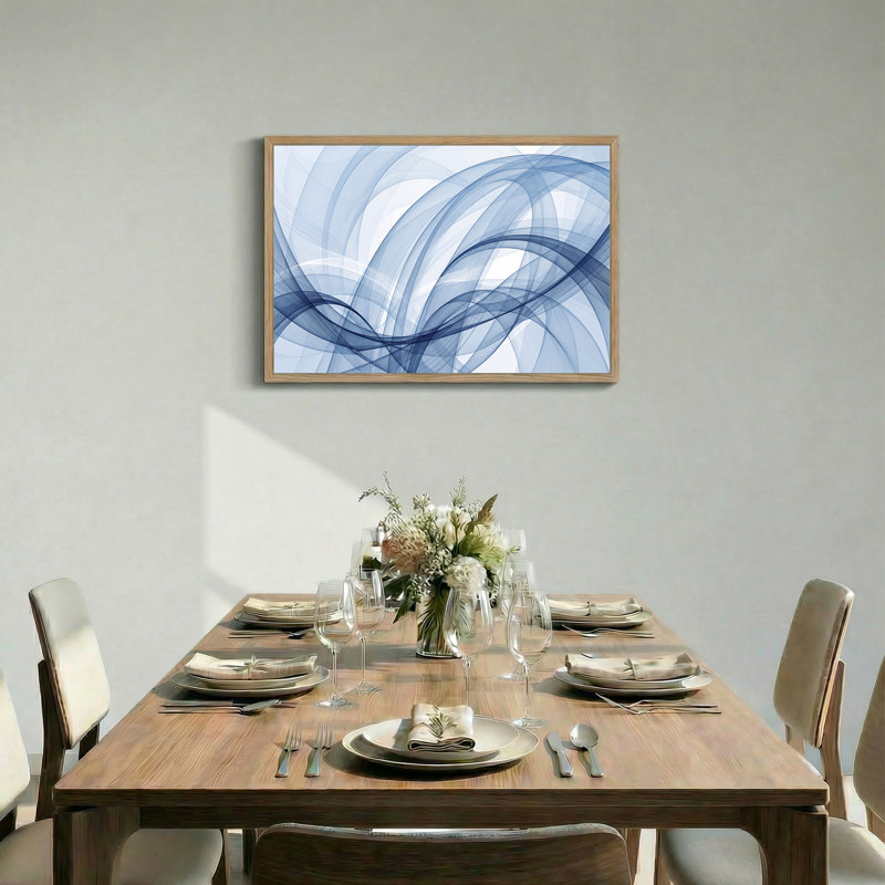 Toile abstraite bleue avec lignes courbes et vagues, 36"H x 48"W