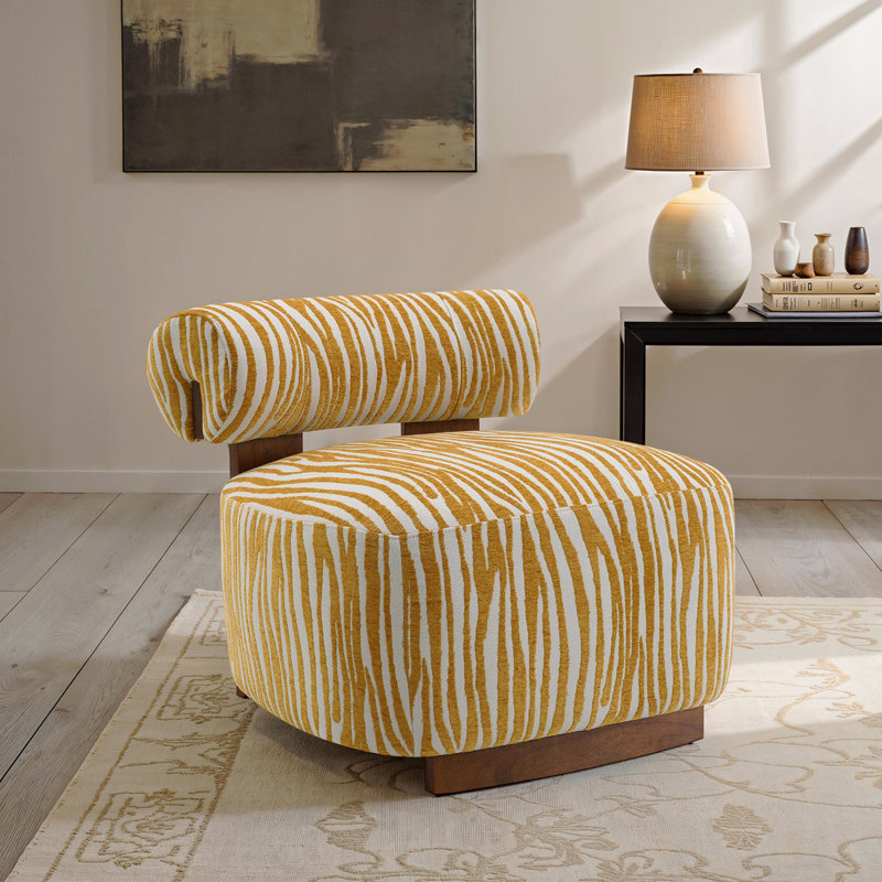 Chaise d'appoint de style contemporain avec dossier cylindrique en mousse à haute densité et tissu zébré revêtu de tissu d'ameublement jaune