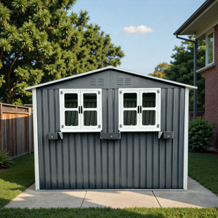 6x9 FT Outdoor Metal Storage Shed with Window & Flower Rack, Lockable Double Doors Tool Shed, Waterproof Weatherproof Garden Shed