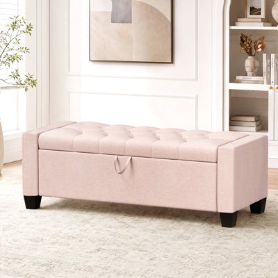 Storage ottoman bench with safety hinge, upholstered linen end of bed bench, tufted storage chest bench for bedroom and entryway, holds up to 330 lbs