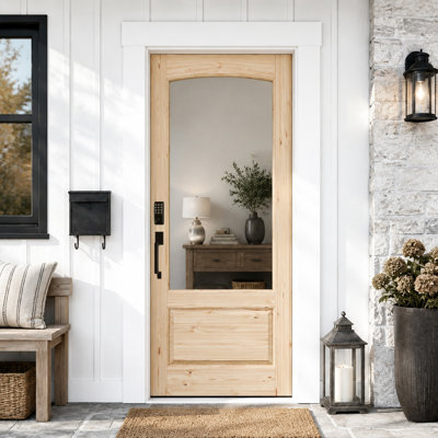 Solid Pine Arched Glass Exterior Door with Keypad Lock Unfinished Wood Front Entry Door with Double Tempered Glass