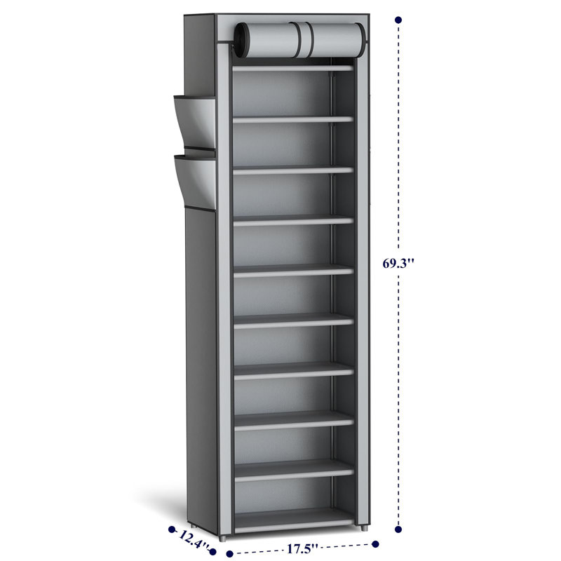 10-Tier Large Capacity Shoe Organizer Shelf with Dust Cover & Side Pockets, Gray
