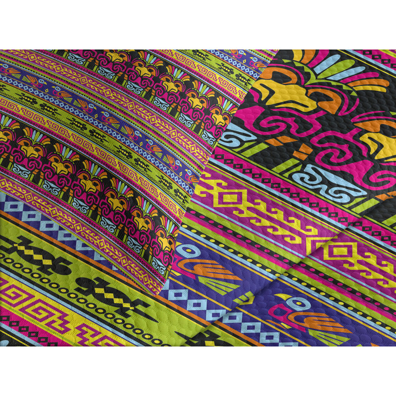 Ambesonne Prehistoric Bedspread Set Aztec Birds Borders Multicolor, King Bedspread + 2 Standard Shams