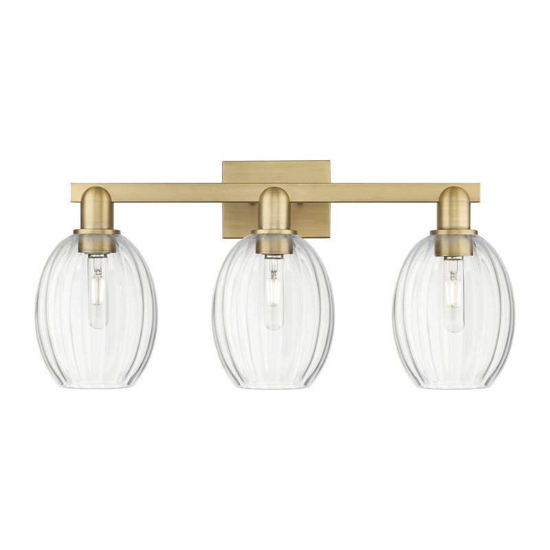 Eldon - Éclairage pour meuble-lavabo de salle de bain 3 lumières 26 "à abat-jour cloche, Laiton brossé, Clair