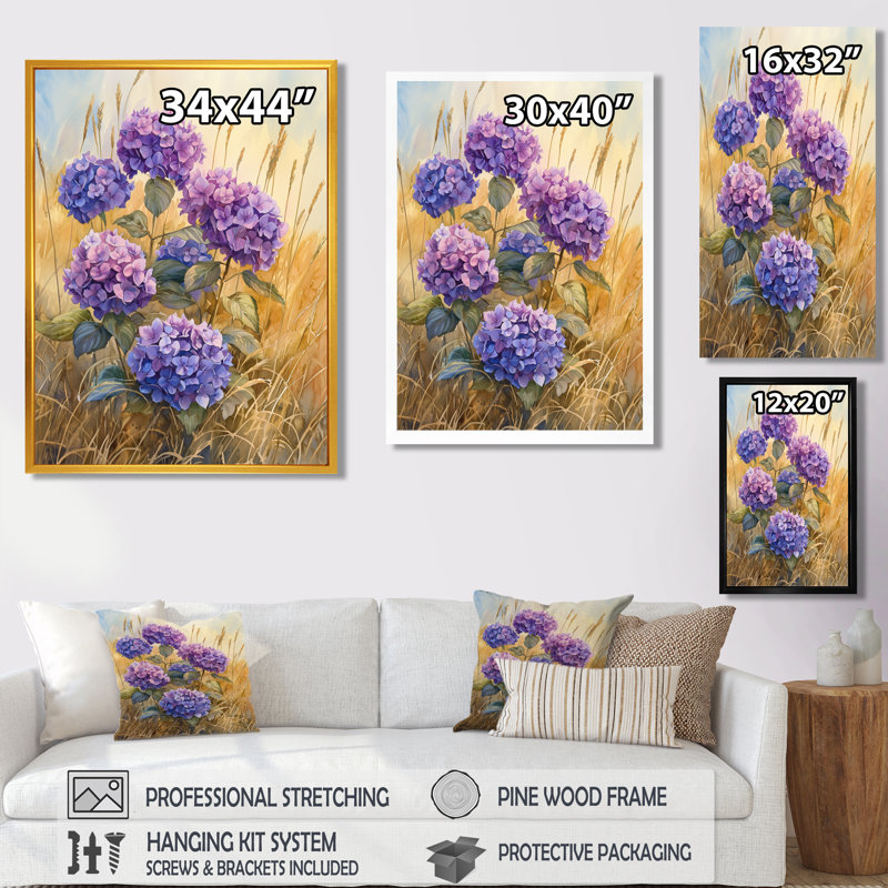 «Hydrangeas In A Golden Field II - Hydrangea», reproduction sur toile, Brun, Reproduction avec cadre flottant