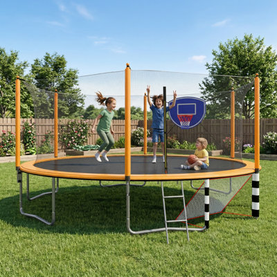 Trampoline 16 pi avec pompe à panier de basketball et échelle (enceinte de sécurité intérieure) avec but de soccer orange