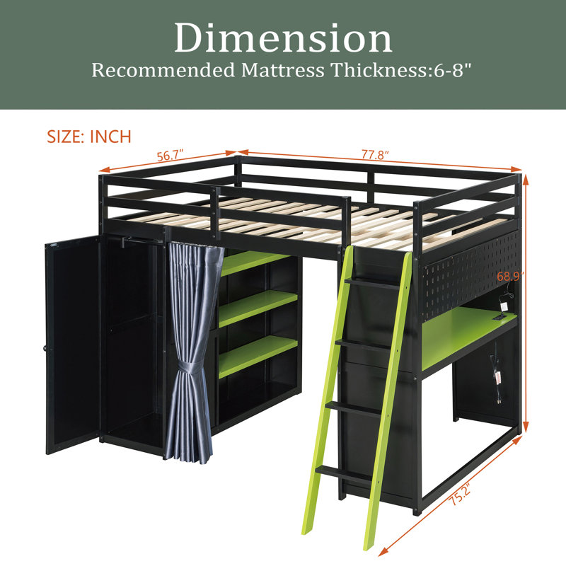 Lit mezzanine en bois pleine grandeur avec garde-robe, tablettes, rideaux occultants et lumières RVB, Noir/vert