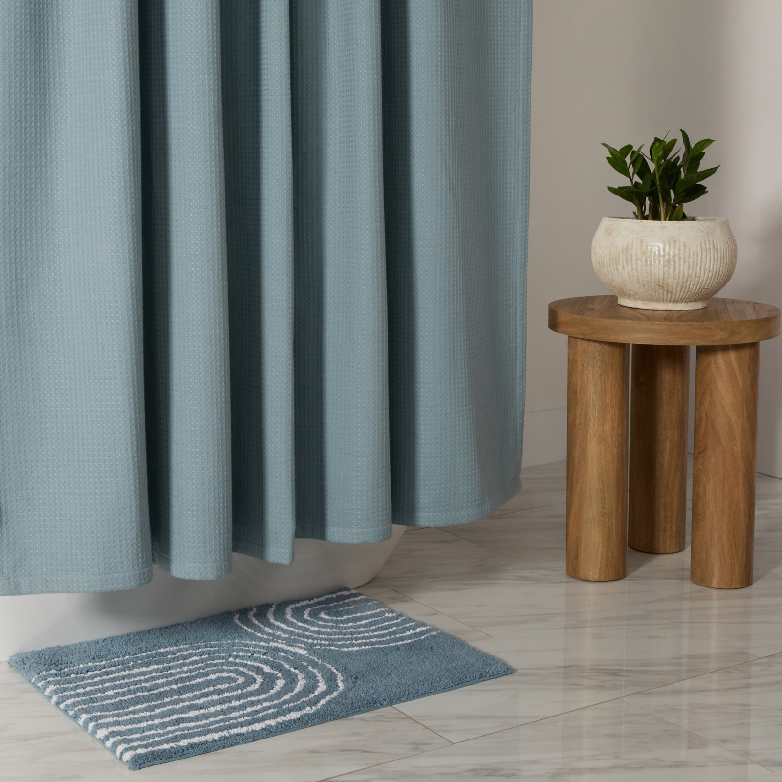Waffle Textured Cotton Blend Shower Curtain, Blue