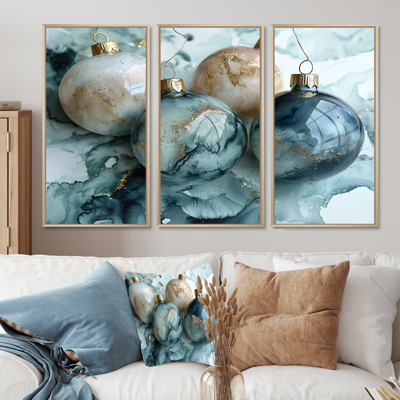 Ornement vert or scintillant I - ensemble de décoration murale de Noël, Toile naturelle avec cadre flottant