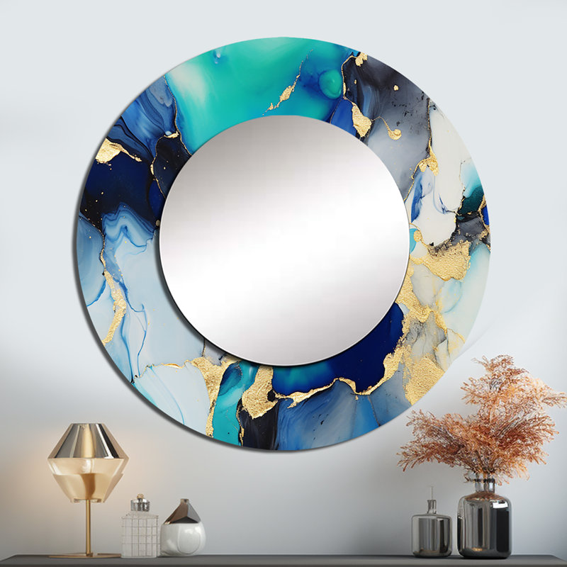 Cassadi bleu et or, art abstrait fluide de luxe X - miroir de fractales, miroir mural rond unique moderne, impression d'art