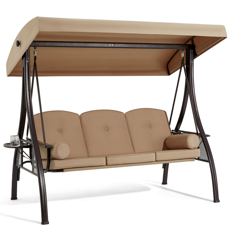Brown Steel Frame 3-Seat Outdoor Porch Swing with Adjustable Canopy
