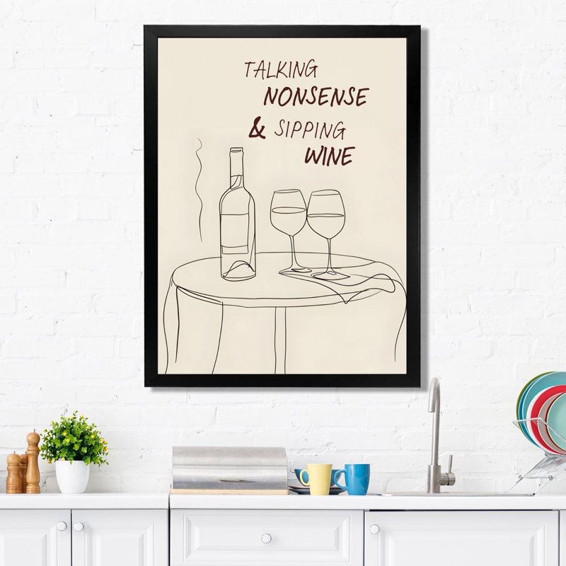 «Talking Nonsense And Sipping Wine» - cocktail, art mural, salon, H 44 po x l 34 po x P 1,5 po, Toile encadrée noire simple