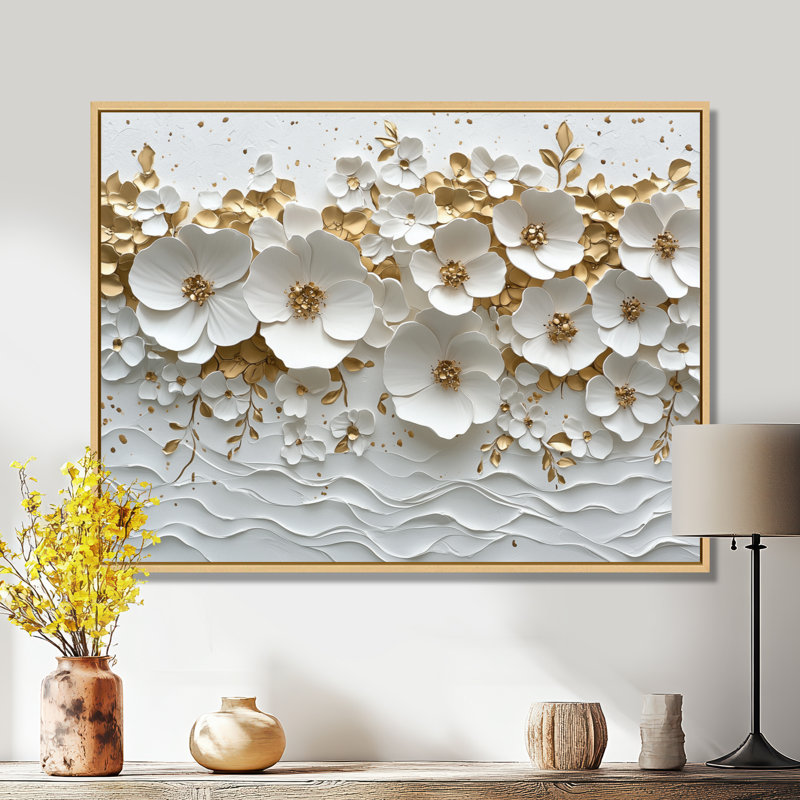 Mukhtiyar Wildflower Pure Cream Bloom V - Art mural fleurs sauvages, H 34 po x l 44 po, Impression encadrée flottante, Crème