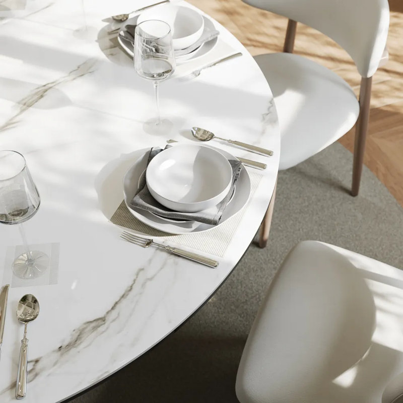 Table de salle à manger ovale en pierre frittée brillante, Blanc / Gris