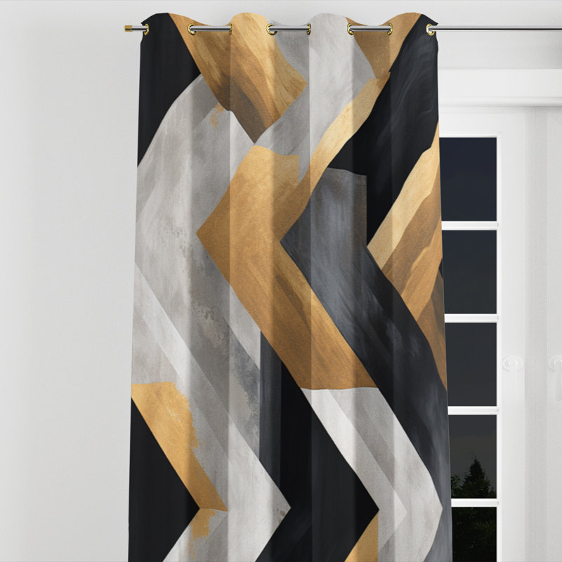 Carrelage géométrique noir et doré Efrat II - rideau à œillets occultant moderne - 1 panneau, L 52 po x L 120 po