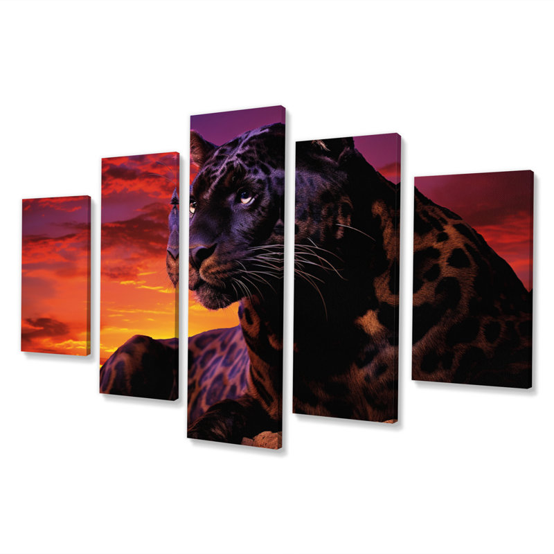 Orange, panthère mauve contre l'horizon I - animaux, art mural, salon, 5 panneaux