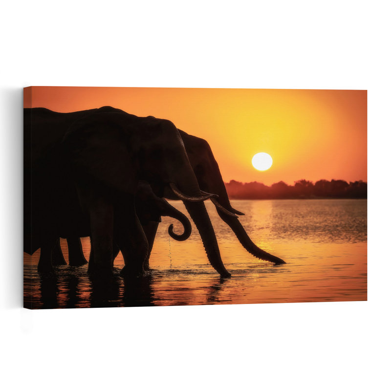Wild Elephants Golden Sunset Contemporary Wall Art Print 1 Piece Wrapped Canvas Wall Art, 60.96cm H x 91.44cm W