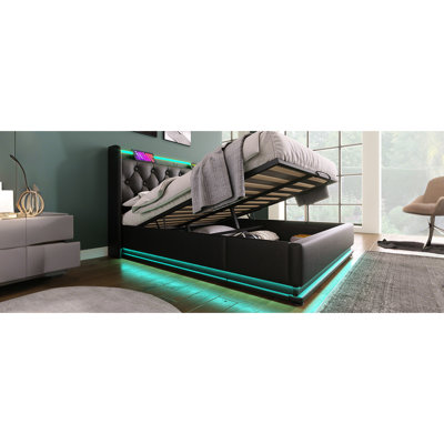 Grand lit tapissier grand format: 360 DEL, rangement hydraulique, Type-c, noir Pu Advance Led, Splendor