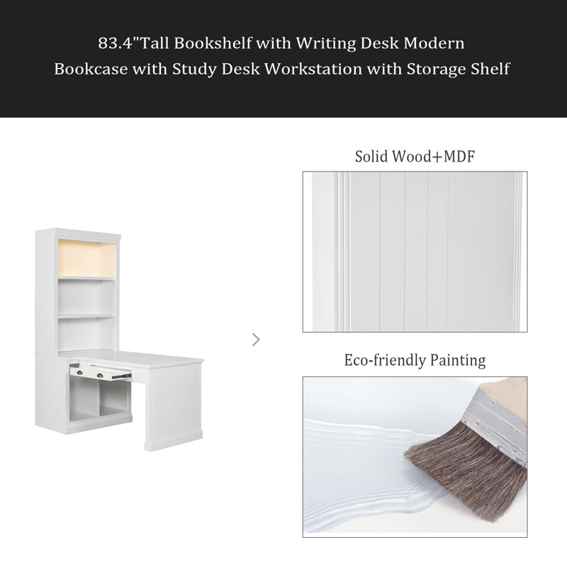 83.4"Tall Bookshelf With Writing Desk, Modern Bookcase With Study Desk, Workstation With Storage Shelf,Storage Bookcase With Open Shelves And LED Lighting For Living Room,Home Office,White