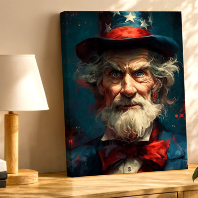 Patriotic Elderly Man Portrait Poster Red White Blue Hat Canvas Wall Art Print, Decorative Contemporary Decorative Art Artwork for Living Room Bedroom Office Hallway Apartment Gallery Wall Home Decor