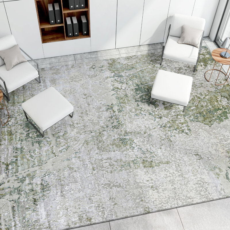 Tapis ivoire et vert noué à la main de haute qualité, Rectangle 6 pi x 9 pi