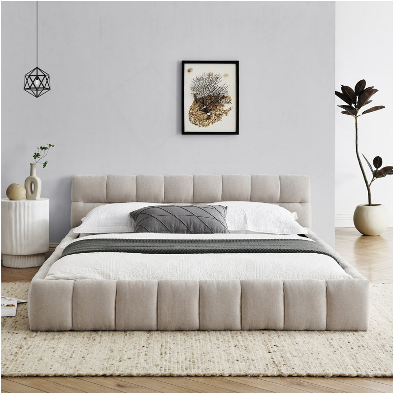 Grand cadre de lit tapissier grand avec tissu épais, lit plateforme grand format en chenille avec tête de lit et cadre. Aucun sommier tapissier requis, beige