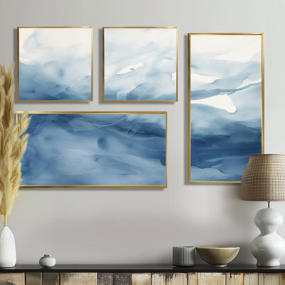«Blue and White Dancing Watercolor Clouds», peinture abstraite surdimensionnée, art mural 4 pièces