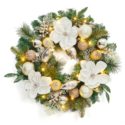 Couronne de Noël pré-éclairée 24 "avec fleurs blanches, boules décoratives