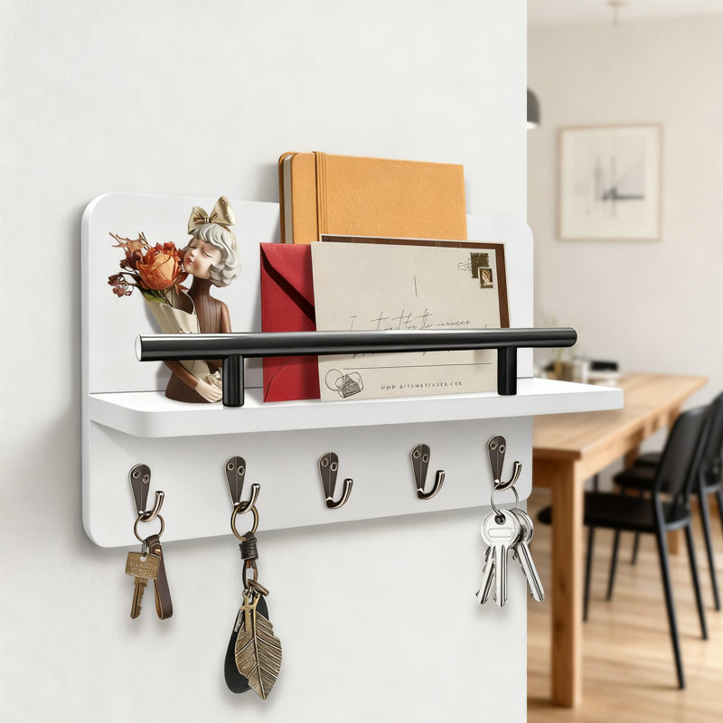 Porte-clés mural avec tablette et crochets, porte-clés rustique en bois pour l'organisation du vestibule, courrier, laisses et articles essentiels