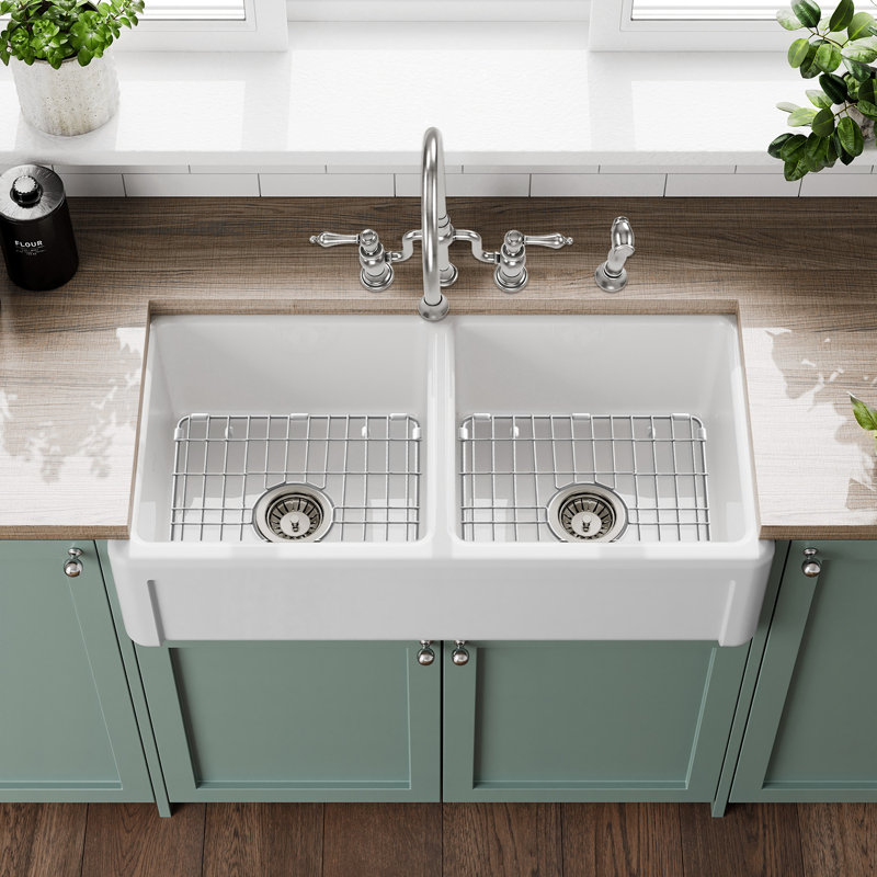 Whitehaus Collection Reversible Double Bowl Fireclay Kitchen Sink with Grid: Three Edge Frame, Plain Front Apron