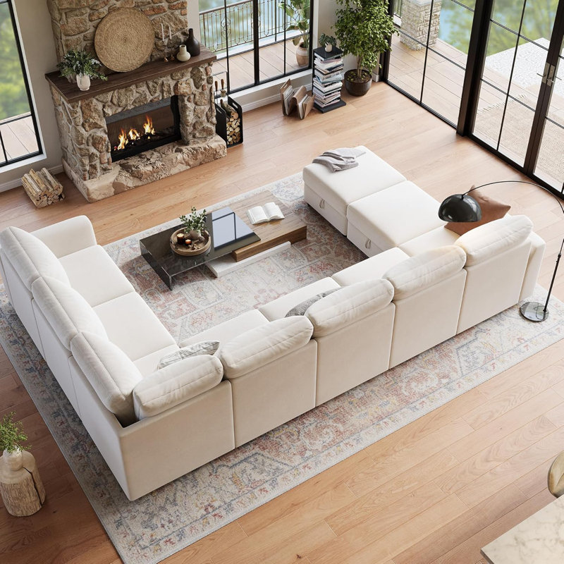 Canapé modulaire beige à 7 places Cloud, canapé modulaire en L avec repose-pieds, tissu chenille et rangement pour le salon