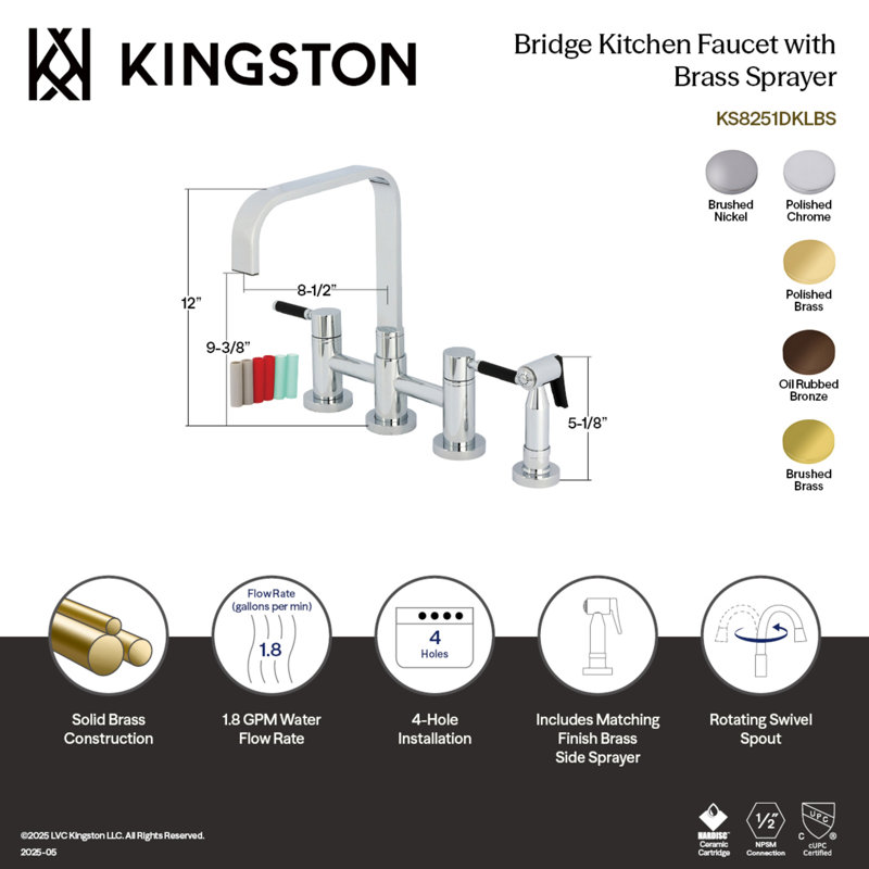 Kingston Brass Kaiser Two-Handle 4-Hole Deck Mount Bridge Kitchen Faucet with Brass Side Sprayer, Polished Chrome