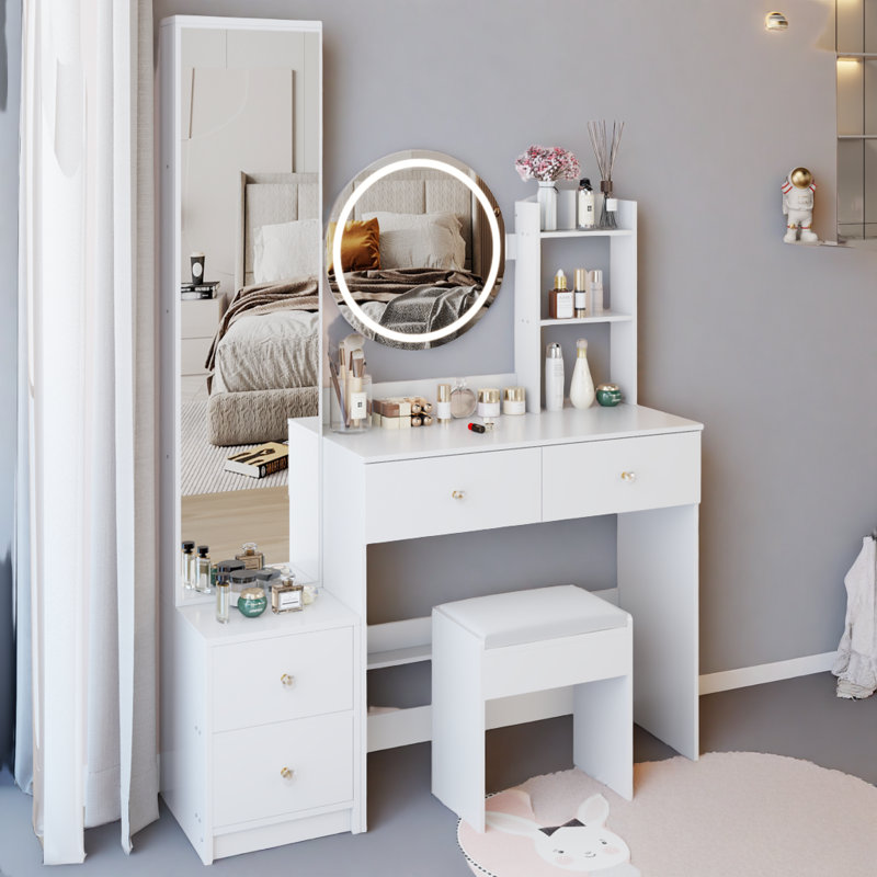 Makeup Vanity Desk with LED Mirror, Stool, and Multiple Charging Ports for Modern Convenience, White