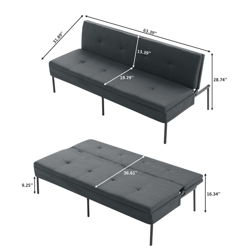 Canapé-lit convertible à futon avec dossier réglable et structure en métal, Dark Grey Fabric