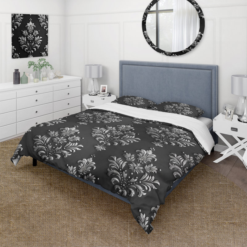 Ensemble de housse de couette damassé noir et argenté, Housse de couette simple + 2 taies décoratives st
