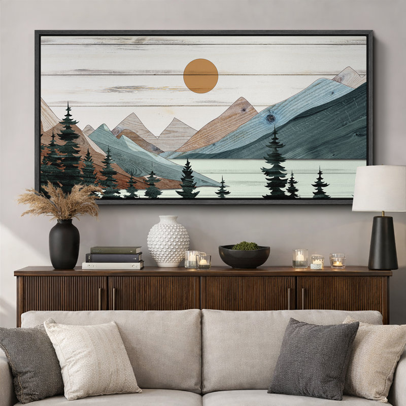 «Western Wood Effect Landscape Tranquil Wood Effect Mountain Sunset», reproduction sur toile, H 30 po x l 60 po, Noir