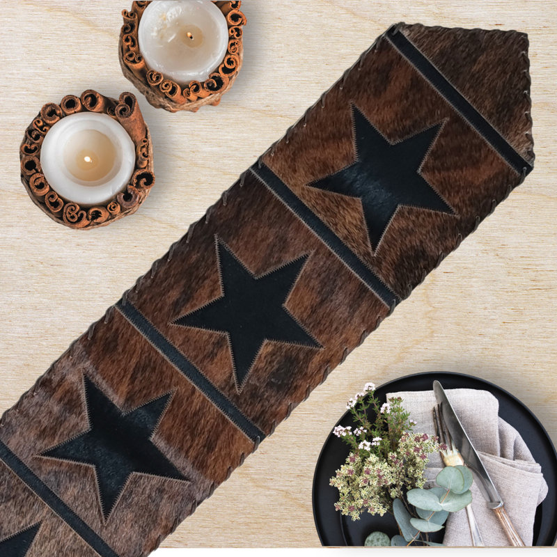 Star Cowhide Table Runner, 120" L x 12" D, Brown/Black