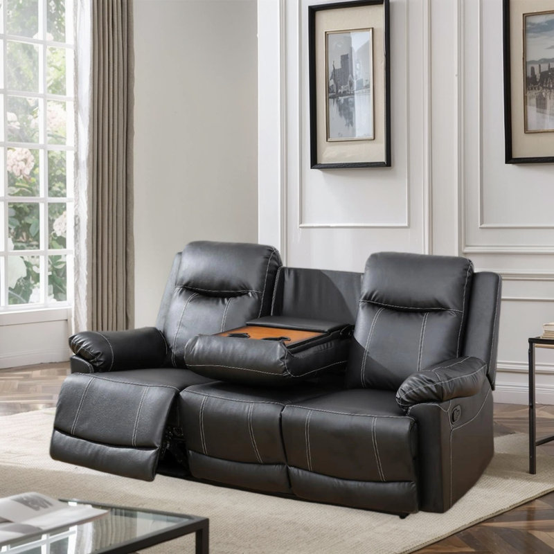 Canapé de salon inclinable en cuir végétalien 81 po avec table rabattable et porte-gobelets 81 po Premium