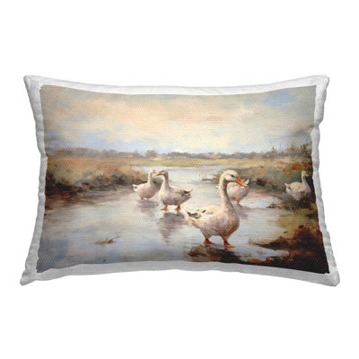 Swan Family Traditional Pond Printed Outdoor Throw Pillow Design by Petal Prints Design