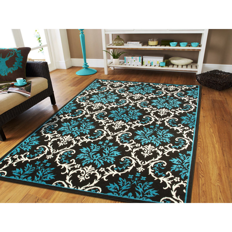 Tapis bleu à motif floral Haldis, Rectangle 8 pi x 10 pi