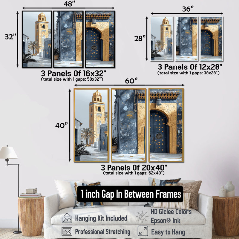 Ensemble de salon art mural or marocain Casablanca I, H 28 po x l 36 po x P 1 po, Toile avec cadre flottant brun