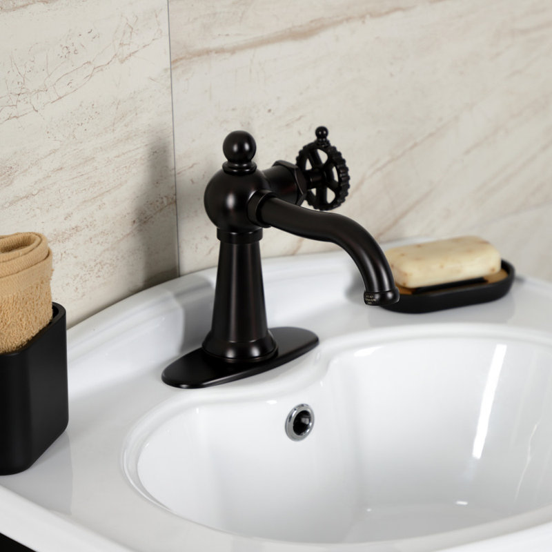Kingston Brass Fuller Single-Handle 1-Hole Deck Mount Bathroom Faucet with Push Pop-Up and Deck Plate, Oil Rubbed Bronze