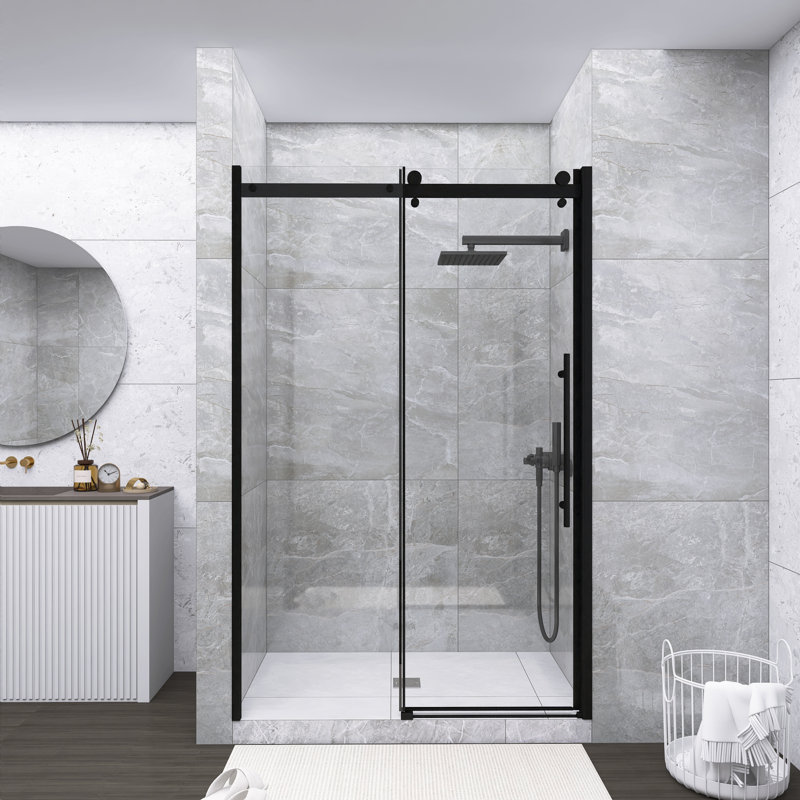 Porte de douche coulissante simple sans cadre noire, 48 x 72 po, verre trempé 1/4 po avec système de rail à roulement en zinc