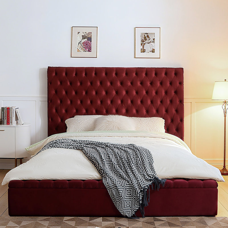 Lit plateforme tapissier Mikara, Grand, Bourgogne