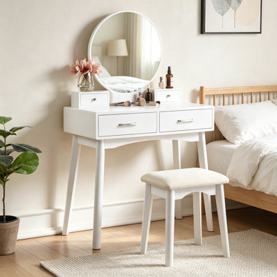 Contemporary Wood Vanity and Stool Set, Round Mirror with Tapered Legs, Solid Rubberwood Frame & MDF Body, White