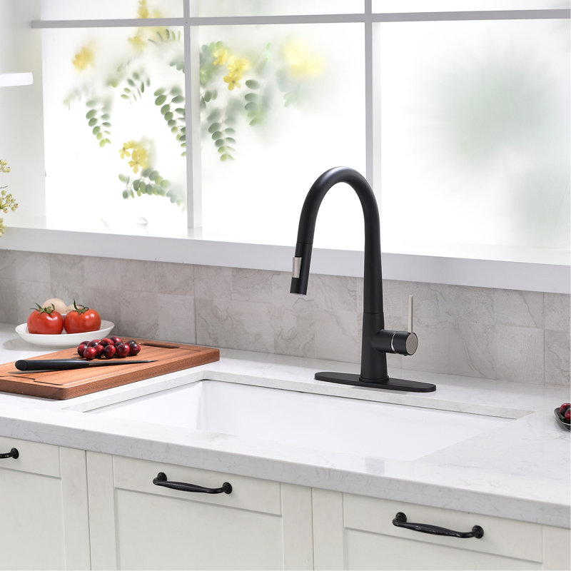 Pull Out Faucet For Kitchen In Black, Single Handle, Deck Plate, Modern Style, Ceramic Filler, Brass Made Tap