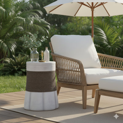 Outdoor Retro Style Side Table In Light Gray & Brown, Featuring A Woven Rope Design And A Fan-Shaped Base Made From MGO. Functions As An End Table For Home, Office, Living Room, Or Outdoor Spaces.