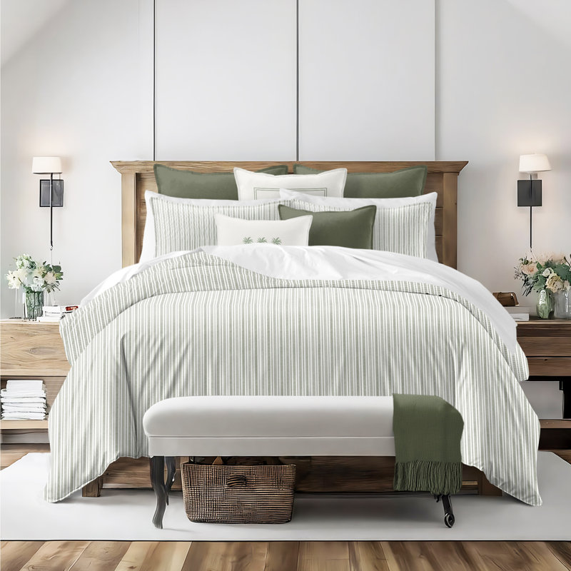 Pacific Stripe Reversible Cotton Duvet Cover Set, Sweet Grass, Queen Duvet Cover + 2 Queen Shams