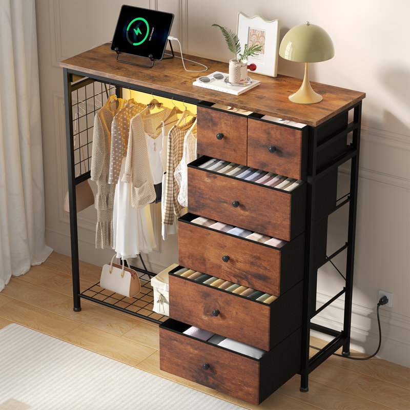 6-Drawer Storage Dresser with LED Lights, Hanging Rack & Charging Station, Rustic Brown