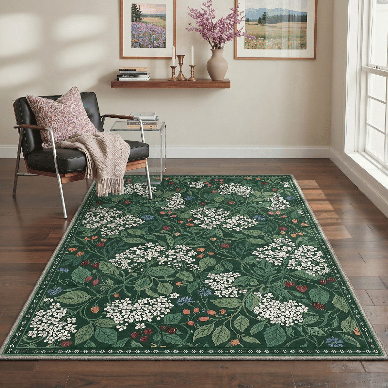Allendale Novara Floral Modern Machine Washable Green / White Indoor Area Rug with Non-Slip Backing, Rectangle 5' x 7'